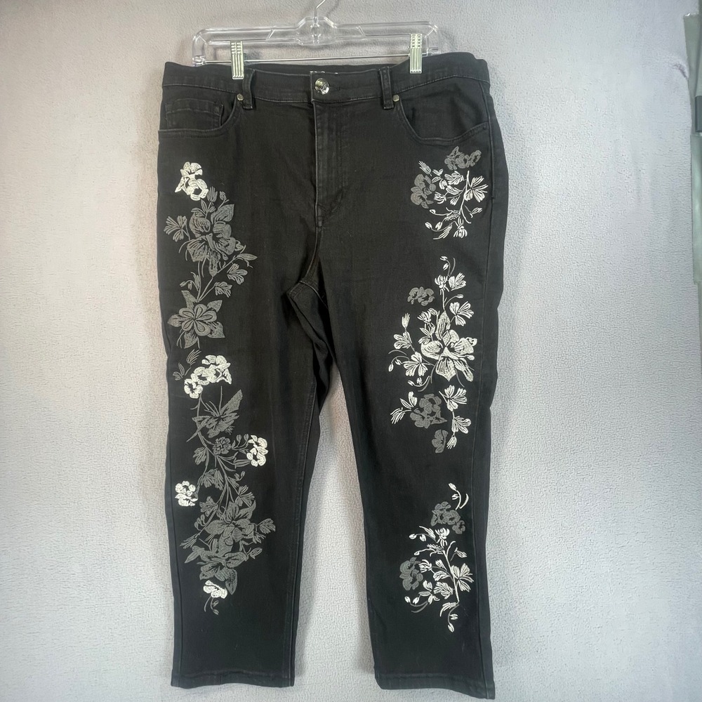DG2 Diane Gilman Jeans Women 16 Black Floral Embroidered Cropped High Rise Pants